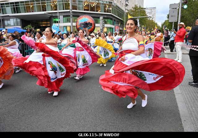 Madrid, Spain. 04th Oct, 2026. Participants in traditional costumes take part in the 2026 Hispanic Day parade on Gran Vía, Madrid. October 4, 2026,...