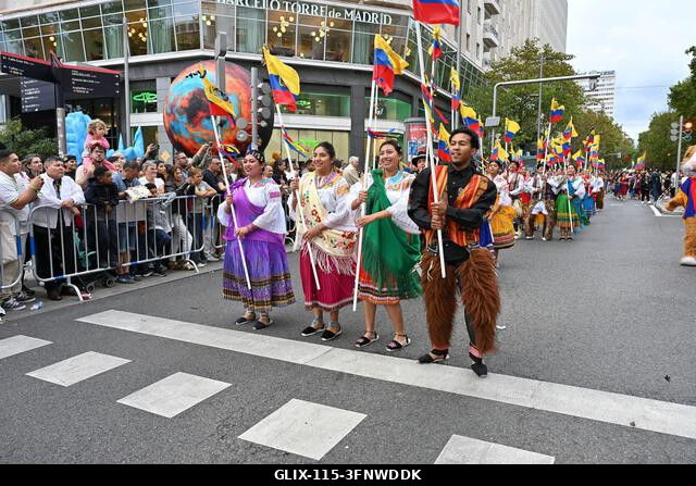 Madrid, Spain. 04th Oct, 2026. Participants in traditional costumes take part in the 2026 Hispanic Day parade on Gran Vía, Madrid. October 4, 2026,...