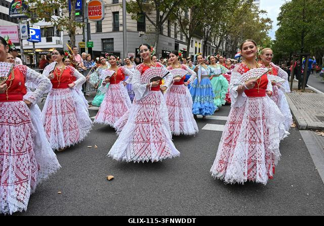 Madrid, Spain. 04th Oct, 2026. Participants in traditional costumes take part in the 2026 Hispanic Day parade on Gran Vía, Madrid. October 4, 2026,...