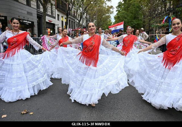 Madrid, Spain. 04th Oct, 2026. Participants in traditional costumes take part in the 2026 Hispanic Day parade on Gran Vía, Madrid. October 4, 2026,...