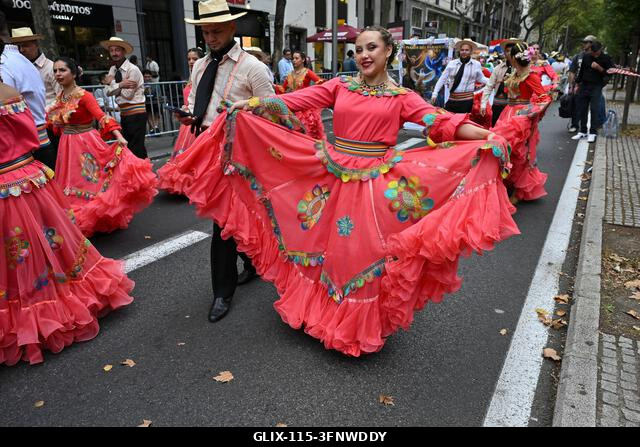 Madrid, Spain. 04th Oct, 2026. Participants in traditional costumes take part in the 2026 Hispanic Day parade on Gran Vía, Madrid. October 4, 2026,...