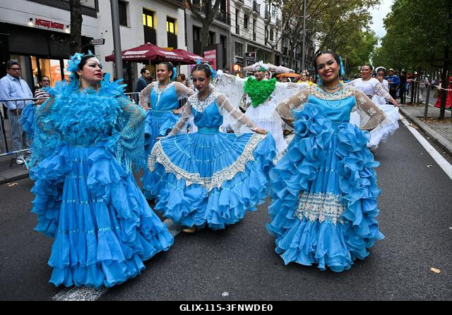 Madrid, Spain. 04th Oct, 2026. Participants in traditional costumes take part in the 2026 Hispanic Day parade on Gran Vía, Madrid. October 4, 2026,...