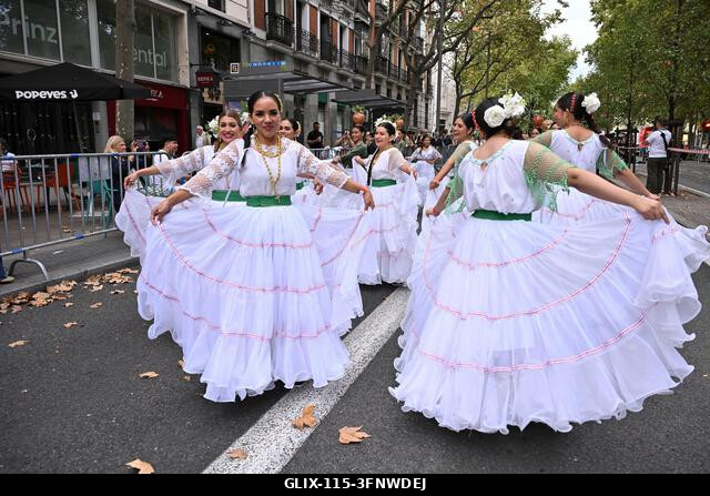 Madrid, Spain. 04th Oct, 2026. Participants in traditional costumes take part in the 2026 Hispanic Day parade on Gran Vía, Madrid. October 4, 2026,...