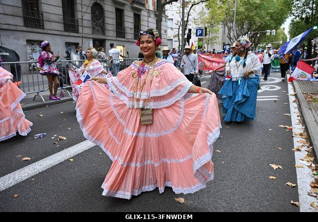 Madrid, Spain. 04th Oct, 2026. Participants in traditional costumes take part in the 2026 Hispanic Day parade on Gran Vía, Madrid. October 4, 2026,...