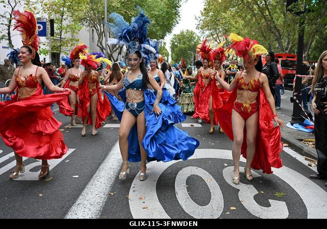 Madrid, Spain. 04th Oct, 2026. Participants in traditional costumes take part in the 2026 Hispanic Day parade on Gran Vía, Madrid. October 4, 2026,...