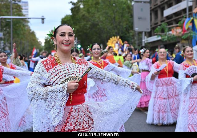 Madrid, Spain. 04th Oct, 2026. Participants in traditional costumes take part in the 2026 Hispanic Day parade on Gran Vía, Madrid. October 4, 2026,...
