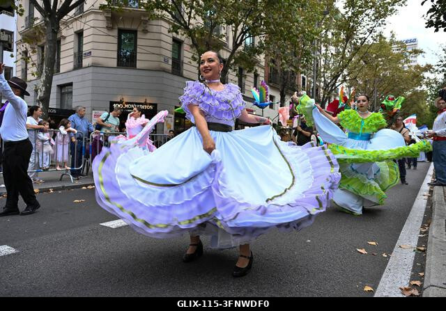 Madrid, Spain. 04th Oct, 2026. Participants in traditional costumes take part in the 2026 Hispanic Day parade on Gran Vía, Madrid. October 4, 2026,...