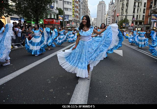 Madrid, Spain. 04th Oct, 2026. Participants in traditional costumes take part in the 2026 Hispanic Day parade on Gran Vía, Madrid. October 4, 2026,...