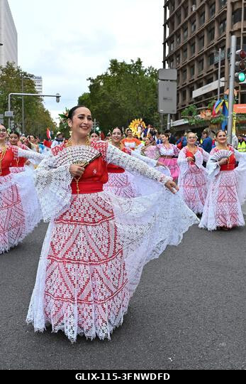 Madrid, Spain. 04th Oct, 2026. Participants in traditional costumes take part in the 2026 Hispanic Day parade on Gran Vía, Madrid. October 4, 2026,...