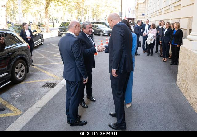 Zagreb, Croatia. 06th Oct, 2026. Croatian Minister of Economy Ante Susnjar greets Hungarian Minister of Economy and Energy István Kapitány upon his...