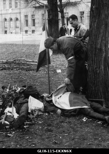 Egy szabadságharcos a budapesti Második Operaház előtt meggyilkolt testvérét keresi, egy magyar zászlóval letakart holttesthalom között kutat. 1956...